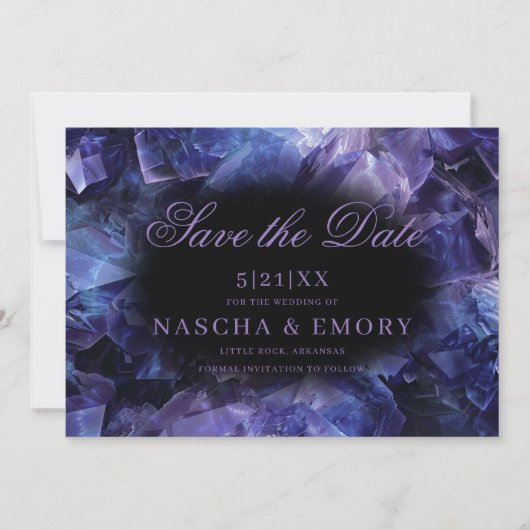 Dark Purple Boho Witch Crystals Black Wedding Save The Date (Voorkant)