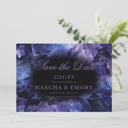 Dark Purple Boho Witch Crystals Black Wedding Save The Date (Staand voorkant)