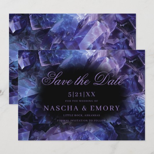 Dark Purple Boho Witch Crystals Black Wedding Save The Date (Voorkant / Achterkant)