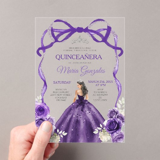 Dark Purple Bow Silver Crown Princess Quinceañera Acryl Uitnodigingen (Insitu (Draagbaar))