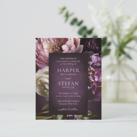Dark Purple Fine Art Floral Budget Wedding Invite (Staand voorkant)
