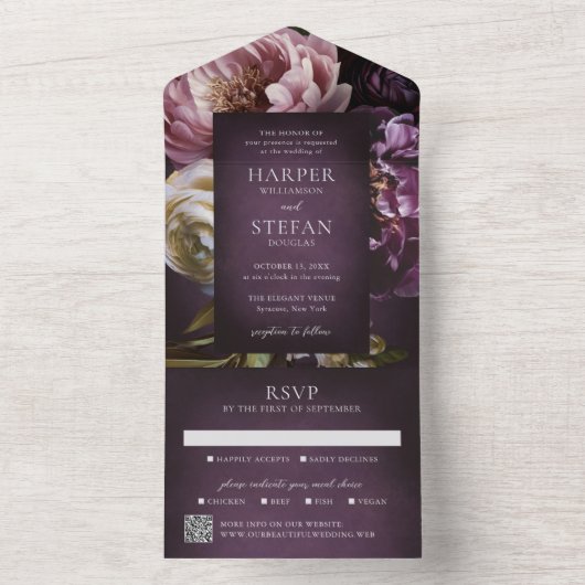 Dark Purple Fine Art Floral Elegant Wedding All In One Uitnodiging (Binnen)