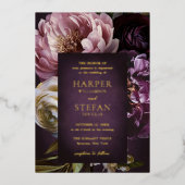 Dark Purple Fine Art Floral Elegant Wedding Folie Uitnodiging (Voorkant)