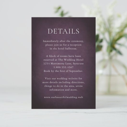 Dark Purple Fine Art Floral Elegant Wedding Informatiekaartje (Staand voorkant)