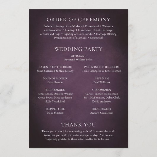 Dark Purple Fine Art Floral Elegant Wedding Programmakaart (Achterkant)