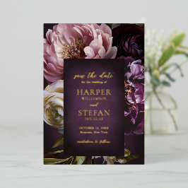 Dark Purple Fine Art Floral Wedding Save the Date Folie Uitnodiging