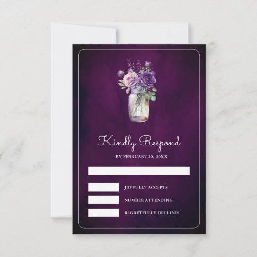 Dark Purple Floral Mason Jar Moody Wedding RSVP Kaartje (Voorkant)