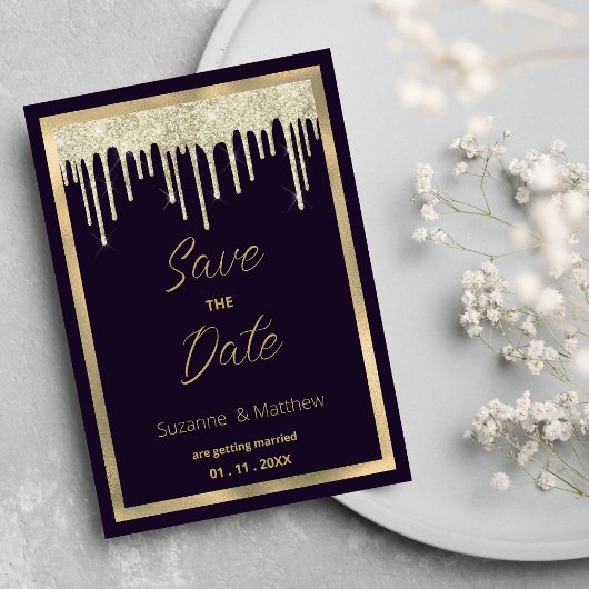 Dark purple gold luxury glitter drip Save the Date Kaart