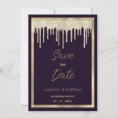 Dark purple gold luxury glitter drip Save the Date Kaart (Voorkant)
