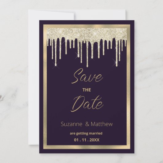 Dark purple gold luxury glitter drip Save the Date Kaart (Voorkant)