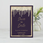 Dark purple gold luxury glitter drip Save the Date Kaart (Staand voorkant)