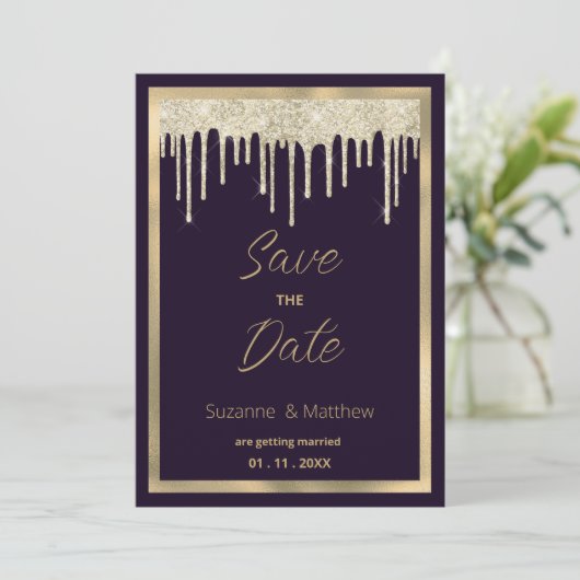Dark purple gold luxury glitter drip Save the Date Kaart (Staand voorkant)