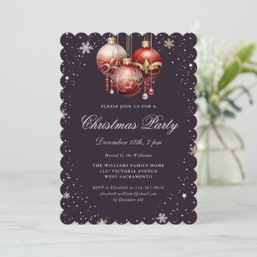 Dark Purple Gold Red Ornaments Christmas Party Kaart (Staand voorkant)