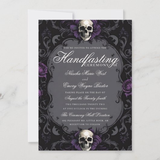 Dark Purple Gothic Boho Floral Skull Handfasting Kaart (Voorkant)