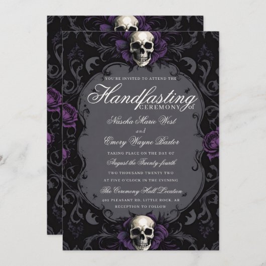 Dark Purple Gothic Boho Floral Skull Handfasting Kaart (Voorkant / Achterkant)