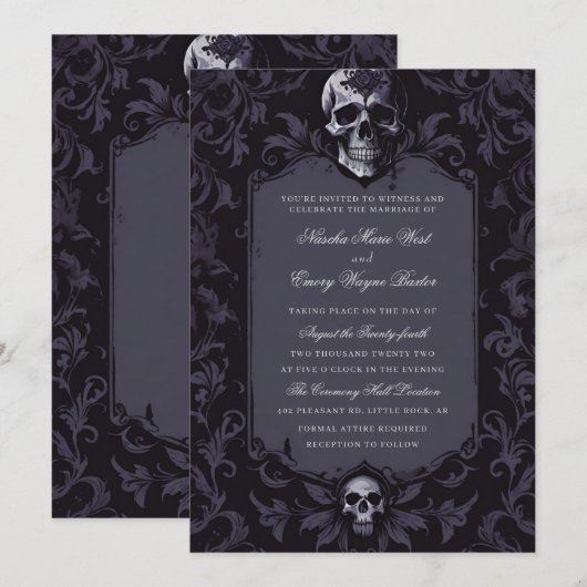Dark Purple Gothic Boho Floral Skull Wedding Kaart (Voorkant / Achterkant)