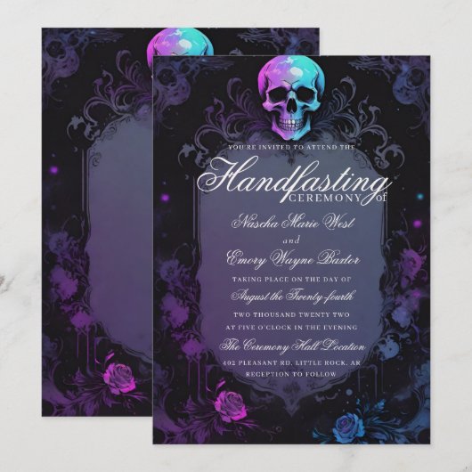 Dark Purple Gothic light Floral Skull Handfasting Kaart (Voorkant / Achterkant)