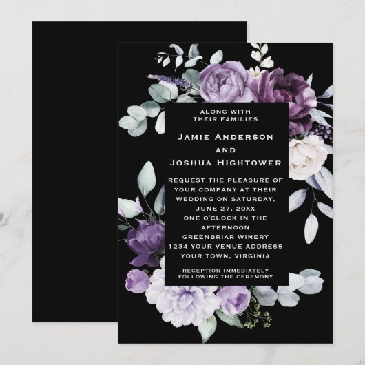 Dark Purple, Lavender, White Floral Black Wedding Kaart (Voorkant / Achterkant)