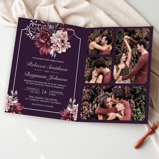 Dark Purple Moody Floral Frame QR Code Wedding