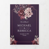 Dark Purple Moody Floral Frame QR Code Wedding Drieluik Uitnodiging (Cover)