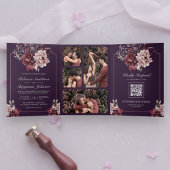 Dark Purple Moody Floral Frame QR Code Wedding Drieluik Uitnodiging