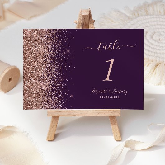 Dark Purple Rose Gold Glitter Edge Wedding Kaart