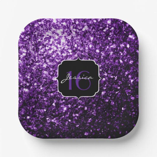 Dark Purple shiny glitter sparkles Sweet 16 Papieren Bordje (Voorkant)
