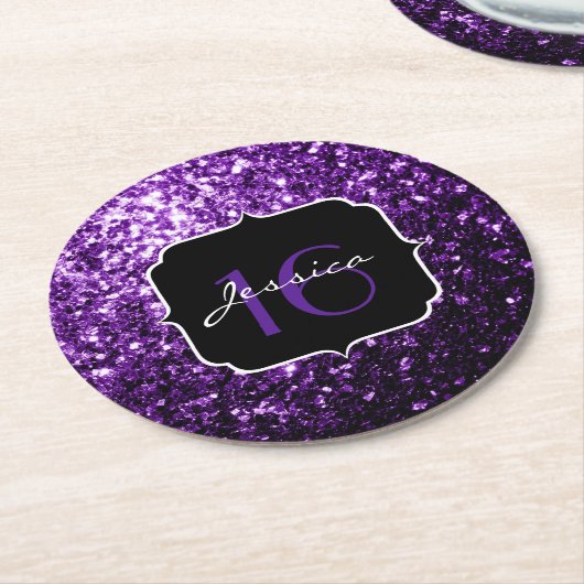 Dark Purple shiny glitter sparkles Sweet 16 Ronde Kartonnen Onderzetter (Gebogen)