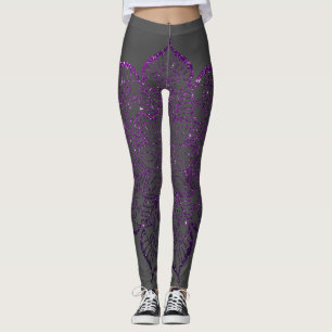 Dark Raspberry Faux Glitter Mandala op Dark Grey Leggings