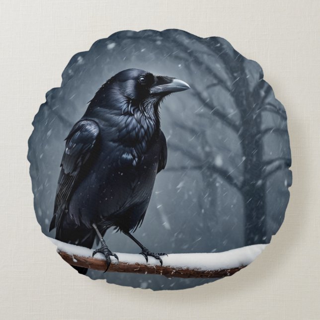 Dark Raven Black Bird Rond Kussen (Voorkant)