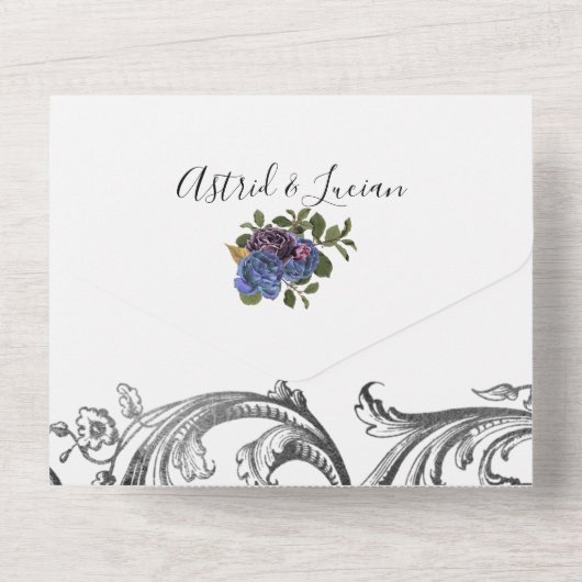 Dark Raven Paarse Rozen Handfasten All In One Uitnodiging (Achterkant)