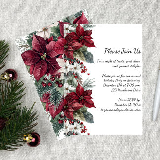 Dark Red and White Poinsettia Christmas Party | Kaart