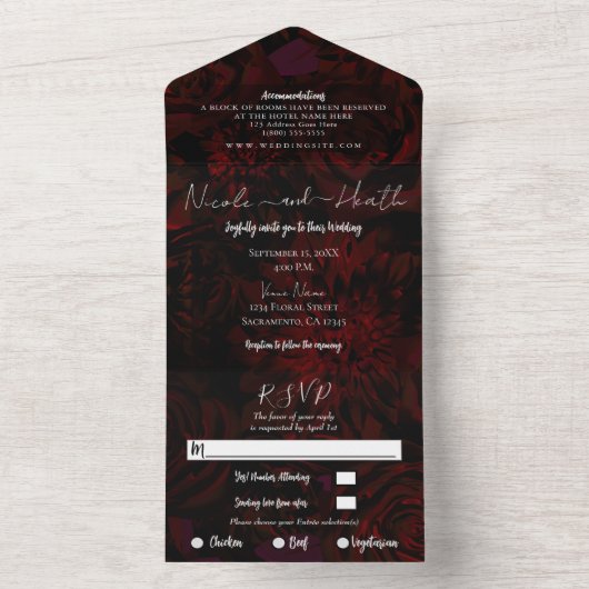 Dark Red Burgundy Floral Wedding Foto All In One Uitnodiging (Binnen)