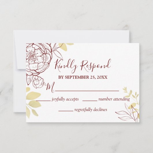 Dark Red Burgundy & Gold Peony Floral Wedding RSVP Kaartje (Voorkant)