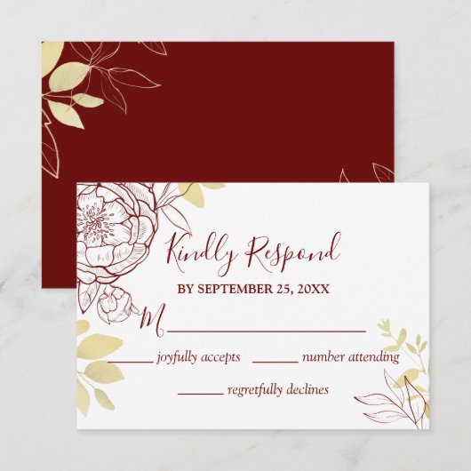 Dark Red Burgundy & Gold Peony Floral Wedding RSVP Kaartje (Voorkant / Achterkant)
