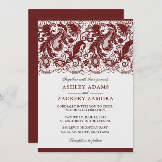 Dark Red Burgundy Lace Elegant Wedding Invitation Kaart