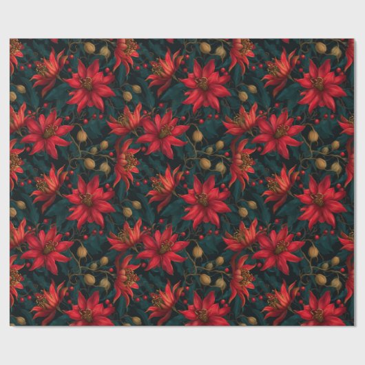 Dark Red Christmas Floral Pattern Cadeaupapier (Vlak)