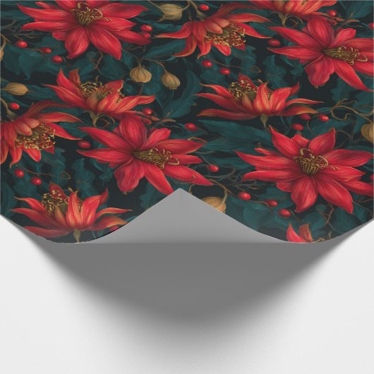 Dark Red Christmas Floral Pattern Cadeaupapier (Hoek)