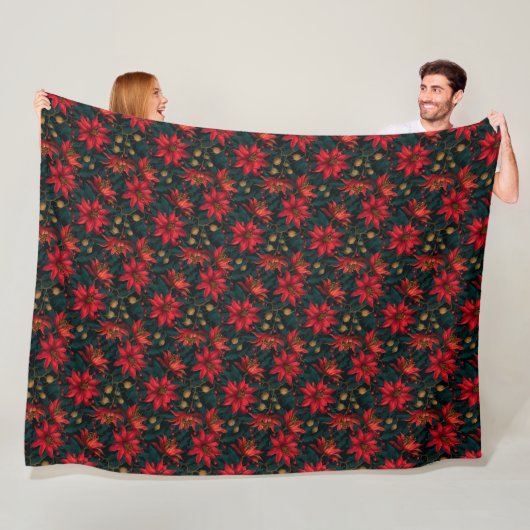 Dark Red Christmas Floral Pattern Fleece Deken (In situ)