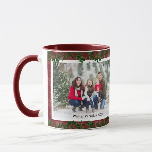 Dark Red Country Christmas Plaid Holiday Photo Mug Mok (Links)