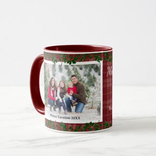 Dark Red Country Christmas Plaid Holiday Photo Mug Mok (Voorkant links)