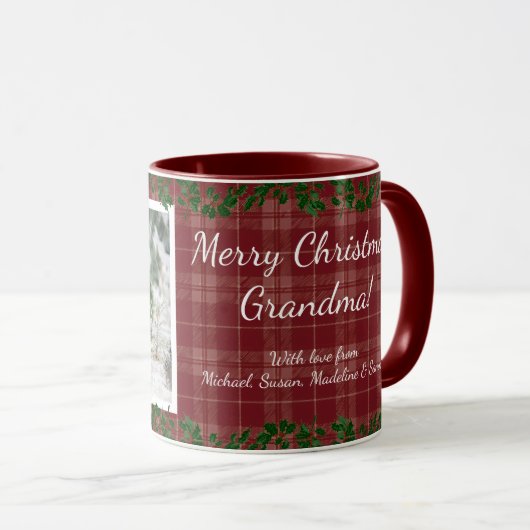 Dark Red Country Christmas Plaid Holiday Photo Mug Mok (Voorkant rechts)