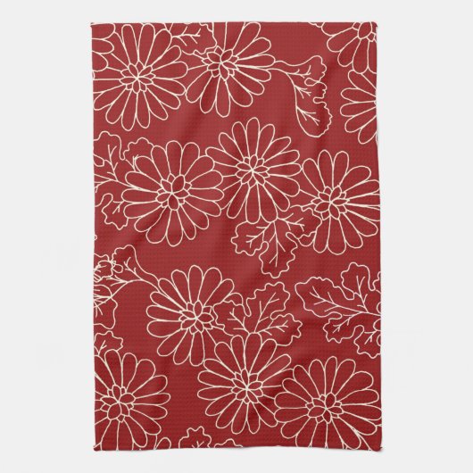 Dark Red Cream Floral Kitchen Cloth Towel Theedoek (Verticaal)