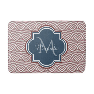 Dark Red Deco Scallops Navy Blue Monogram Name Badmat