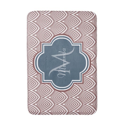 Dark Red Deco Scallops Navy Blue Monogram Name Badmat (Voorkant Verticaal)