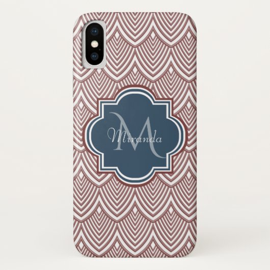Dark Red Deco Scallops Navy Blue Monogram Name Case-Mate iPhone Case (Achterkant)