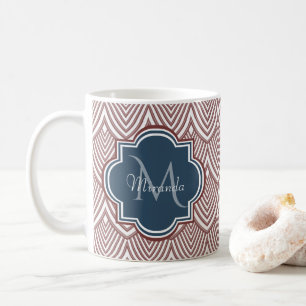 Dark Red Deco Scallops Navy Blue Monogram Name Koffiemok