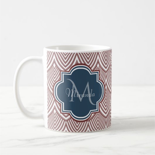 Dark Red Deco Scallops Navy Blue Monogram Name Koffiemok (Links)