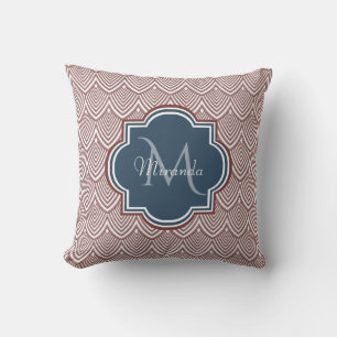 Dark Red Deco Scallops Navy Blue Monogram Name Kussen