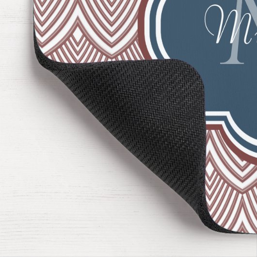 Dark Red Deco Scallops Navy Blue Monogram Name Muismat (Hoek)